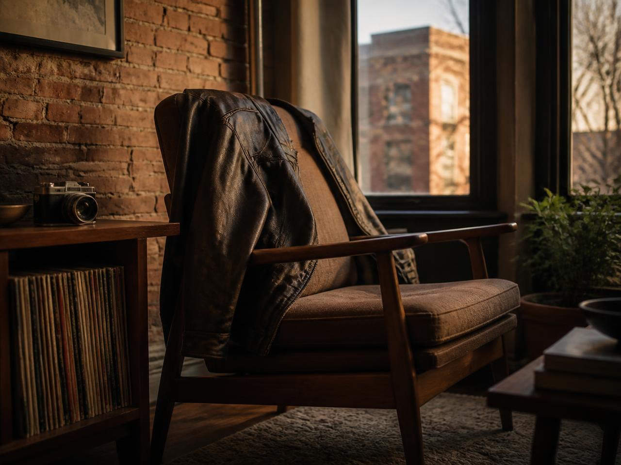 A worn leather jacket over a mid-century walnut armchair by a Chicago bay window at golden hour