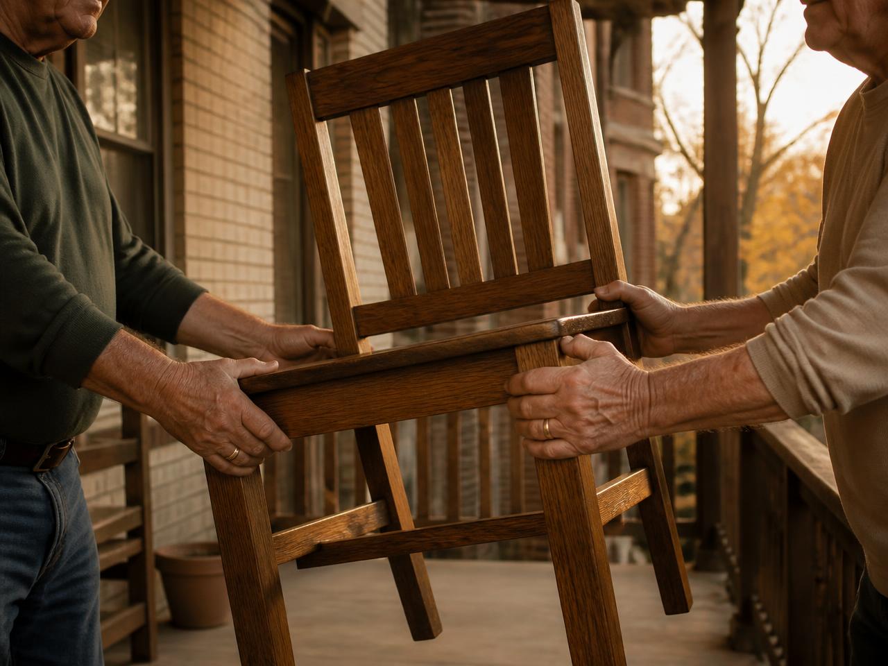 Two older men's hands passing an oak chair between them on a Chicago back porch at golden hour