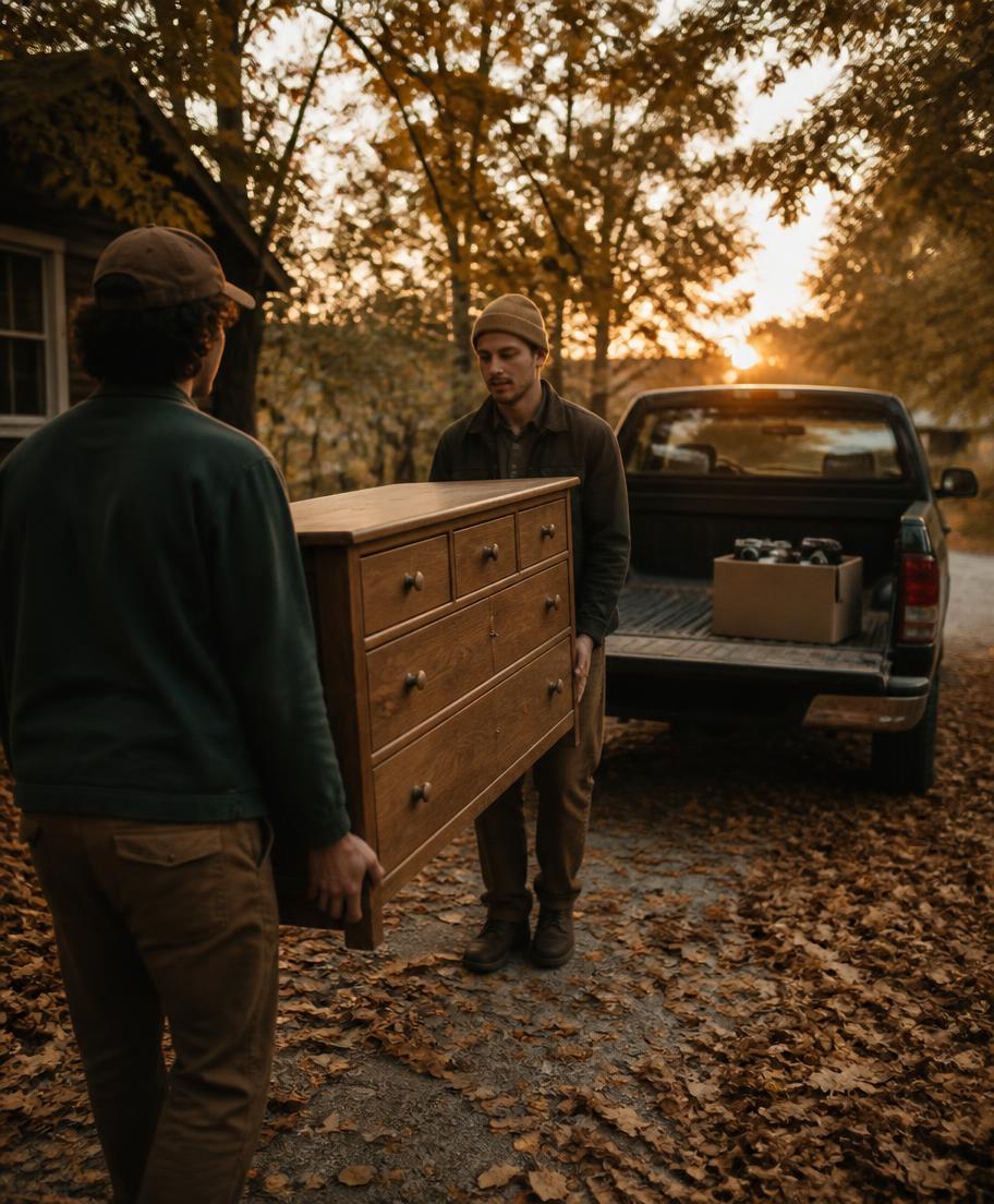 Two people carrying a walnut dresser down a leaf-covered driveway to a pickup truck at golden hour
